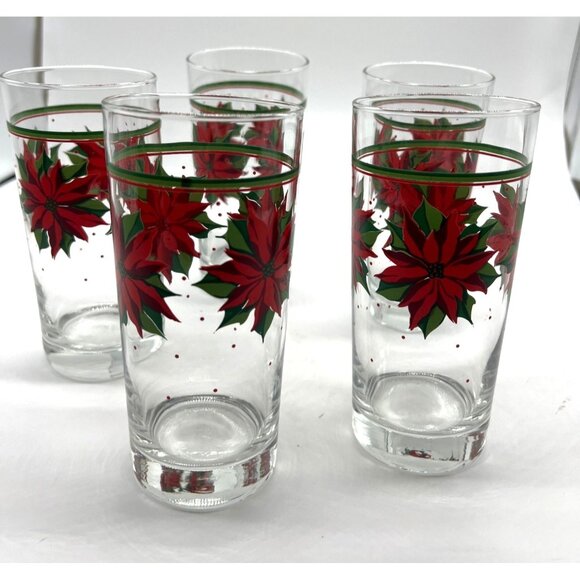 Vintage Libby Christmas Poinsettia Drinking Glasses Set of 5 Holiday Water Glass - Picture 1 of 9
